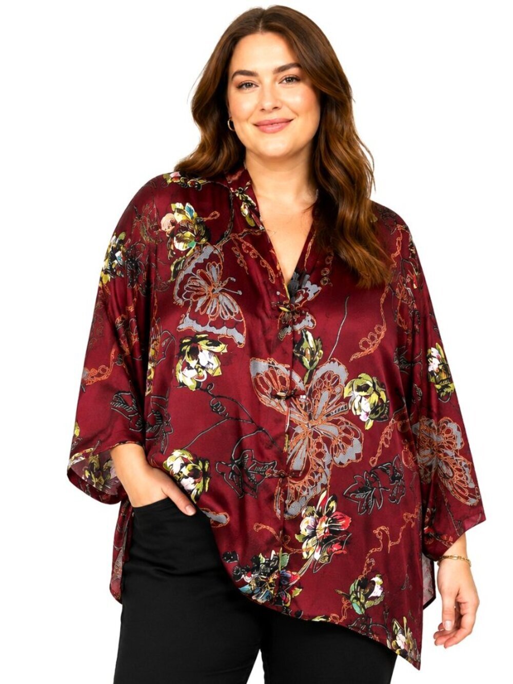 Citron Santa Monica Burgundy Red Butterfly Floral Silk Kimono